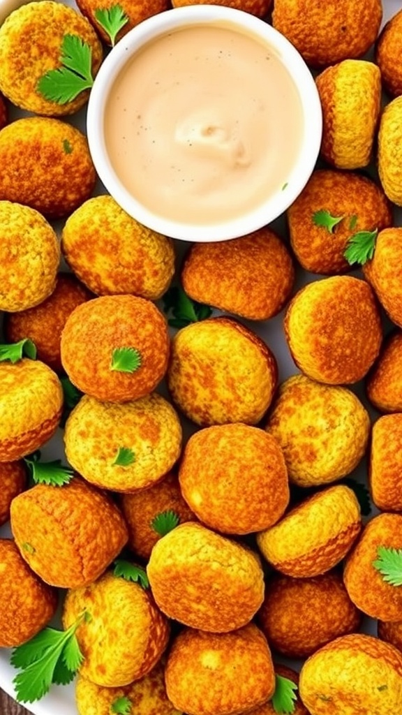 Crispy vegan falafel bites served on a platter with tahini sauce, garnished with parsley.